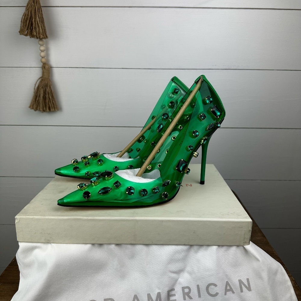Good American Emerald Green Jeweled Pointed-Toe Stiletto Heels - Picture 5 of 9